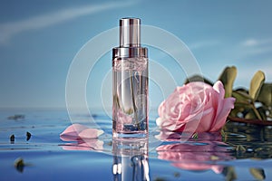 Luxurious perfume bottle entwined by a delicate pink rose. Perfect for beauty and fashion themes