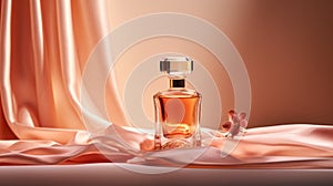 Luxurious Perfume Bottle On Silky Background With Cherry Blossoms