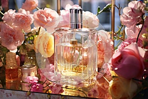 Luxurious Perfume Bottle Surrounded by Flowers. Luxury Beauty Product Showcase
