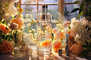 Luxurious Perfume Bottle Surrounded by Flowers. Luxury Beauty Product Showcase