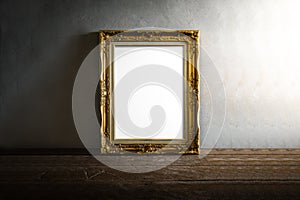 Luxurious photo frame on wooden table over grunge background