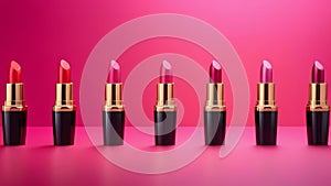 Luxurious pink lipsticks standing on pink background in row