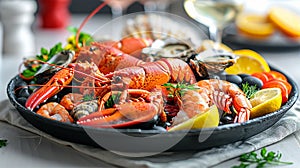 A luxurious platter of seafood, featuring lobster and shrimp