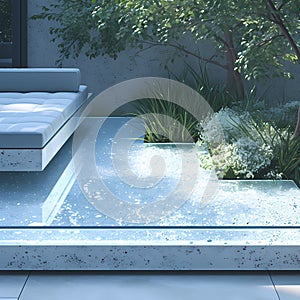 Luxurious Pool Deck with White Cushions and Plants