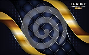 Luxurious premium dark navy abstract background with golden lines. Overlap textured leather layer design