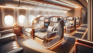 Luxurious private jet interior with comfortable leather seats and modern design features