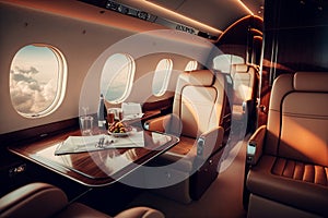 Luxurious Private Jet Interior with Leather Seats. AI