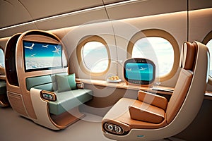 Luxurious Private Jet Interior with Leather Seats, Generative Ai