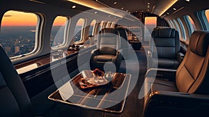 Luxurious Private Jet Interior: Sunset Serenity