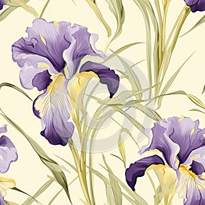 Luxurious Purple Iris Flowers On Beige - Majestic Romanticism Illustration