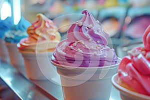 Luxurious purple soft serve ice cream cones with edible glitter. Sparkling Purple Soft Serve Delight