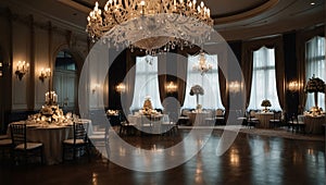 luxurious reception in the grand ballroom with crystal chandeliers and live music