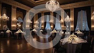 luxurious reception in a large ballroom with crystal chandeliers and set tables