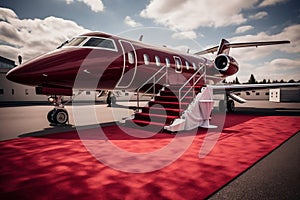 Luxurious Red Carpet on Stairs to Private Jet. Generative AI