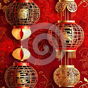Luxurious Red and Gold Chinese Lanterns with Traditional Patterns photo