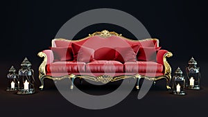 luxurious red sofa with arabic lantern isolated on black background.