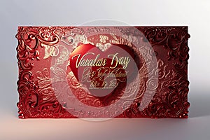 A luxurious red Valentine\'s Day card, adorned with intricate lace patterns along the edges. photo