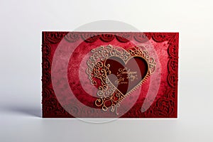 A luxurious red Valentine\'s Day card, adorned with intricate lace patterns along the edges. photo