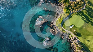 Luxurious resort golf course nestled by the ocean, offering unparalleled views and relaxation, Ai Generated