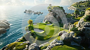 Luxurious resort golf course nestled by the ocean, offering unparalleled views and relaxation, Ai Generated