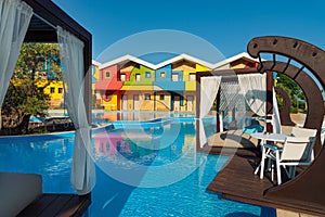 Luxurious resort hotel with pool and sunbeds in Thassos island, Greece