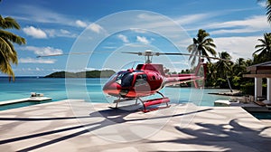 Luxurious Resort Overlooking Turquoise Ocean, Helicopter Takes Off