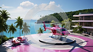 Luxurious Resort Overlooking Turquoise Ocean, Helicopter Takes Off