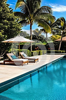 Luxurious resort pool with palm trees and blue water