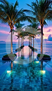 Luxurious Resort Pool at Sunset with Palm Tree Alley. Tropical resort natural pool.Travel concept