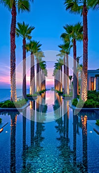 Luxurious Resort Pool at Sunset with Palm Tree Alley. Tropical resort natural pool.Travel concept