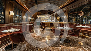 A luxurious restaurant with high vaulted ceilings and elegant furnishings is elevated by a lavish terrazzo floor. The