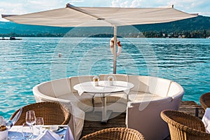 Luxurious restaurant with tables on pier