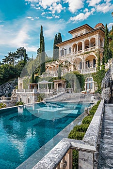 Luxurious rococo and baroque italian villa with big modern swimming pool, multilevels garden