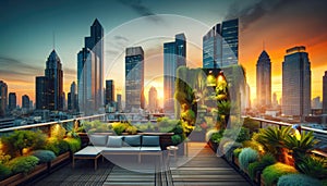 Luxurious Rooftop Garden Terrace at Sunset in Urban Skyline, AI Generated