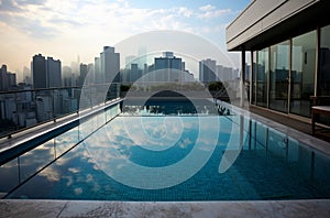 Luxurious rooftop pool with urban skyline view