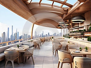 A luxurious rooftop restaurant with a city view
