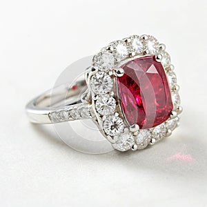 Ruby and diamond ring in white gold isolated on white background