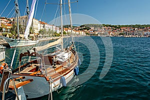 Luxurious sailing yacht in the harbour of Mali on the island of Losinj in the Adriatic Sea, Croatia