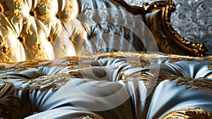 Luxurious satin fabric with golden embroidery as elegant background