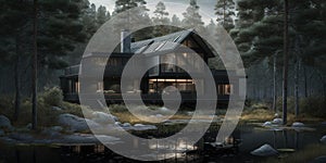 Luxurious scandinavian nordic home in the forest in evening scene photo