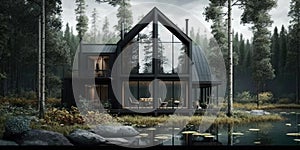 Luxurious scandinavian nordic home in the forest in evening scene photo
