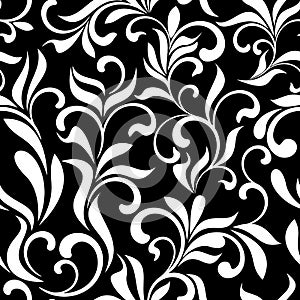 Luxurious seamless pattern. Tracery of swirls and leaves on a black background.