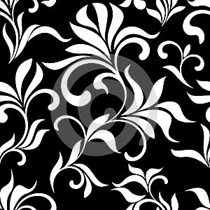 Luxurious seamless pattern. Tracery of swirls and leaves on a black background.