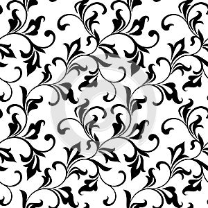 Luxurious seamless pattern. Vegetative motive. Black swirls and foliage isolated on a white background.