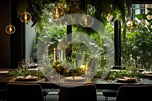 luxurious service in a modern restaurant, decorated with lots of live green plants and candles