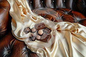 luxurious silk scarf laid out with gourmet chocolates on leather armchair cushion