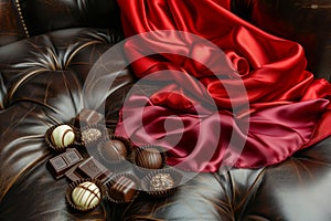 luxurious silk scarf laid out with gourmet chocolates on leather armchair cushion