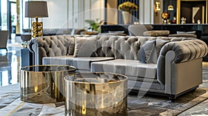 A luxurious sitting area in a hotel lobby with plush grey velvet sofas and golden coffee tables creating a refined and