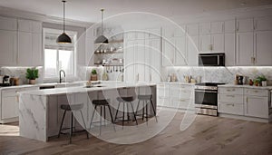 Luxurious smart kitchen American style home interior. White theme with Wooden floor. Generative AI