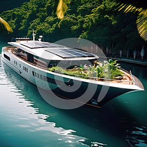 Luxurious, solar-powered yacht drifting peacefully in the water, Ai-generated.